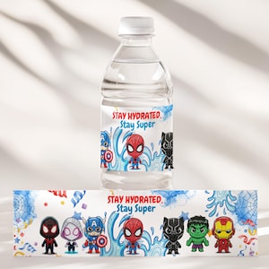 May include: A clear plastic water bottle with a white cap and a label featuring cartoon superheroes. The label reads "Stay Hydrated. Stay Super" and includes images of Spider-Man, Captain America, and Black Panther.