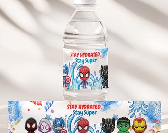 Chibi Superhero Birthday Water Bottle Labels - Superhero Party Favor Canva Template - Digital Download EPD05
