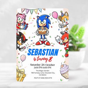 K&ouml;nnte beinhalten: Eine Geburtstagseinladung mit Sonic the Hedgehog und seinen Freunden. Die Einladung enth&auml;lt den Text "SEBASTIAN is turning 8" mit Veranstaltungsdetails. Bunte Konfetti und Luftballons umgeben die Charaktere und den Text.