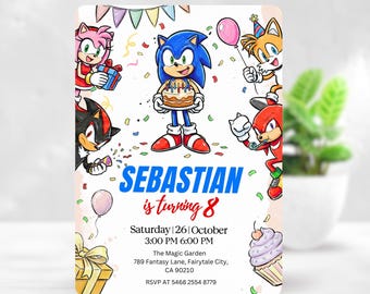 Sonic hält Geburtstagstorte-Einladung für Kinderparty, Sonic The Hedgehog Boys Party einladen bearbeitbarer Sonic-Geburtstag, sofortiger Download EPD06