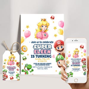 Super Mario und Prinzessin Peach Geburtstagseinladung, Super Brothers Junge einladen Video-Spiel Kind einladen Vorlage Mario Party-Einladung