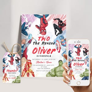 May include: A printable invitation for a superhero-themed birthday party. The invitation features a watercolor background with images of Spiderman, Iron Man, Captain America, Hulk, and Thor. The text on the invitation reads "Two The Rescue Oliver is turning 4" and includes the date, time, and location of the party.