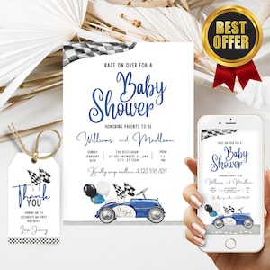 EDITIERBARE Rennwagen-Babyparty-Einladung, Invite Sprinkle Digital Bundle-Set, Rennwagen-Junge-Instant-Download-Vorlage