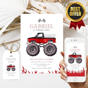 Editable Black & RED Monster Truck birthday Invitation with FREE Monster Truck Thank You tags and mobile invitation version Digital Download