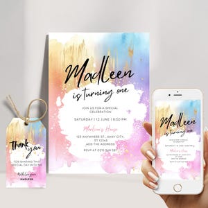 Rainbow Birthday Invitation Colorful Watercolor Gold Glitter Sprinkles Ombre Pastel Invitation 1st 2nd 3rd Birthday Editable Invite