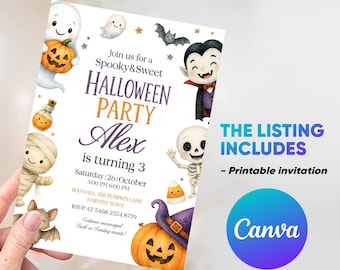 Cute Halloween Birthday Invitation Template, Spooky Sweet Party Invite, Editable Canva Kids Halloween Birthday Invite