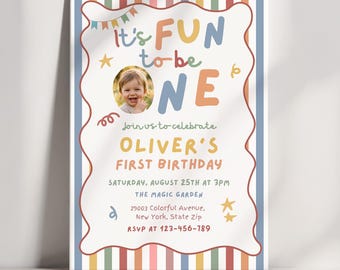 First Birthday Invitation with Photo, Fun to Be One Birthday Invite, Colorful Retro 1st Birthday Party Invitation, Modern Striped Design