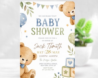 Baby Shower Invitation, Teddy Bear Baby Shower Invite, Editable Boy Baby Shower Invitation, Canva Template