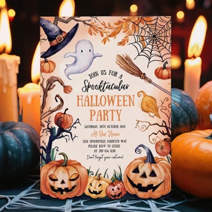 May include: A Halloween party invitation featuring a watercolour illustration of pumpkins, a ghost, a witch's hat, and a broomstick. The text reads "Join us for a Spooktacular Halloween Party" and includes the date, time, and location of the party.