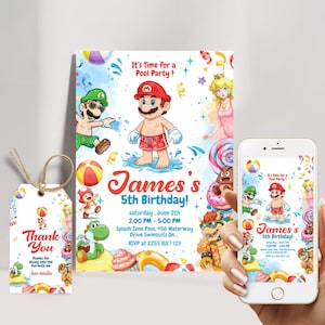 Verjaardagsuitnodiging Mario Pool Party, Super Mario Bros-zomeruitnodiging, afdrukbare Mario-uitnodiging voor kinderen, Mario Water-uitnodiging voor feest