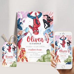 Superheld verjaardagsuitnodiging bewerkbare sjabloon, Avengers superheld digitale uitnodiging, superheld uitnodigingskaart direct downloaden