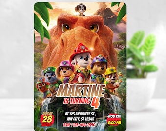 Paw-Ty with dinosaurs Birthday Invitation Canva Template, Adventure Dog Birthday Invite, Editable Kids Party Invitation, 5x7 Digital Invite