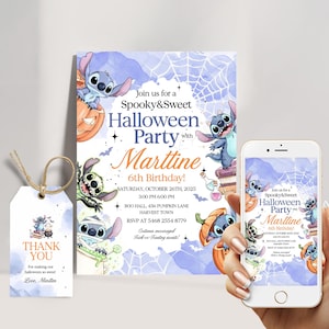 Convite de Halloween com bordado para meninos, convite fofo e assustador em tons pastéis, aniversário infantil editável, modelo digital para impressão e download no Canva