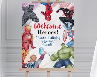 Superhero Welcome Sign 16 x 20&quot; - Avengers Birthday Party Decorations Canva Template - Superhero birthday Sign, Digital Download EPD04