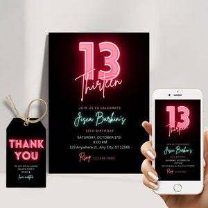 13e neonverjaardagsuitnodiging, 13-jarig meisje verjaardagsuitnodiging met gratis bedanktag en telefoonuitnodiging, bewerkbaar op canva-sjabloon