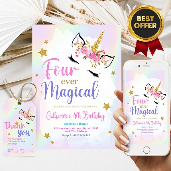 Unicorn 4th Birthday Invitation Editable, Four Ever Magical Birthday Invite, Pastel Unicorn Girl 4th Birthday Digital Download