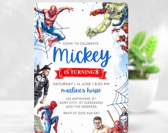 Spider Man Brand New Day Birthday Invitation, Superhero 8th Birthday Invite, Avengers Comic Party Editable Template