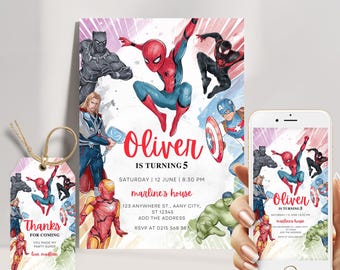 May include: A colorful invitation for a superhero themed birthday party. The invitation features a watercolor background with images of Spiderman, Iron Man, Captain America, Hulk, and Black Panther. The text on the invitation reads "Oliver is turning 5" and includes the date, time, and location of the party.