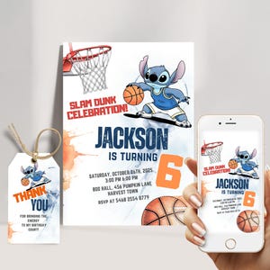 Modèle modifiable d'invitation d'anniversaire de basket-ball de point | Invitation à une fête Slam Dunk pour enfants | Téléchargement numérique pour un garçon de 6 ans
