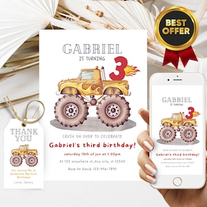 Bewerkbare aquarel gele monstertruck verjaardagsuitnodiging, monstertruck uitnodigen, monstertruck verjaardagsuitnodiging, digitale download