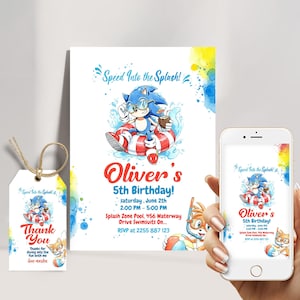 Faire-part de fête à la piscine Sonic le hérisson - Invitation d'anniversaire Sonic modifiable pour les garçons, modèle numérique de fête d'été à téléchargement immédiat