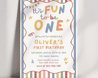 First Birthday Invitation, Fun to Be One Birthday Invite, Colorful Retro 1st Birthday Party Invitation, Modern Striped Design