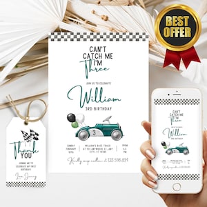 can&#39;t catch me I&#39;m three invitation Editable Green Race Car 3rd Birthday Invitation Race Car 3rd Birthday Instant Download on Canva template