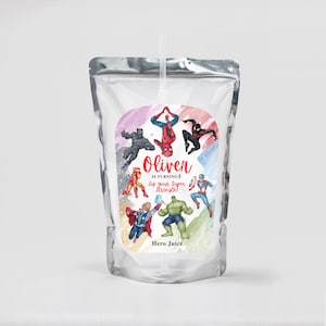 Superhero Birthday Juice Labe - Avengers Party Favor Canva Template - Digital Download EPD04
