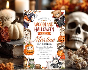 Woodland Halloween Birthday Invitation Kids Watercolor Animal Party Invite Editable Fall Template