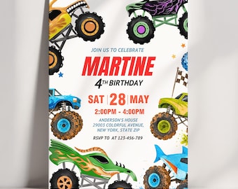 Monster Truck Birthday Invitation Editable Canva, Boys 4th Birthday Invite, Monster Truck Party Invite, Racing Birthday,