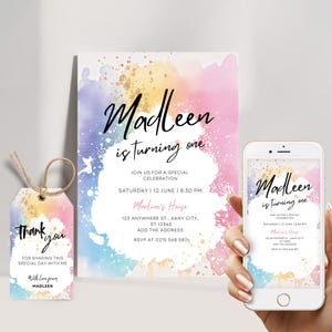 Rainbow Birthday Invitation Colorful Watercolor Gold Glitter Sprinkles Ombre Pastel Invitation 1st 2nd 3rd Birthday Editable Invite