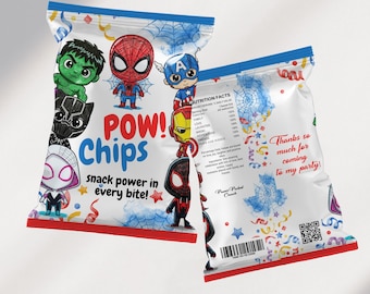 Plantilla para envolver bolsas de patatas fritas con superhéroes chibi: Regalo imprimible para fiestas (Descarga digital) - EPD05