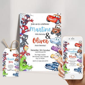 Cars and Spidey Birthday Invitation, Kids Joint Party invite Template, Digital Download & Thank You Tag, Sibling Birthday