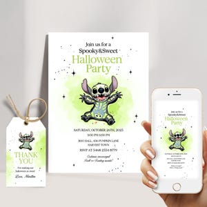 Faire-part d'Halloween fantasmagorique avec point, joli costume de squelette, invitation imprimable pour enfants, anniversaire d'octobre en téléchargement numérique