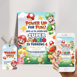 Super Mario Geburtstags-Einladung Super Bros Bros Super Mario Einladung Super Brothers junge Einladen Video-Spiel Kind einladen Vorlage Mario Party