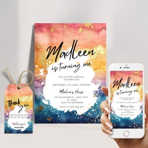 Rainbow Birthday Invitation Colorful Watercolor Gold Glitter Sprinkles Ombre Pastel Invitation 1st 2nd 3rd Birthday Editable Invite