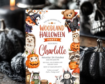 Woodland Halloween Birthday Invitation Kids Watercolor Animal Party Invite Editable Fall Template