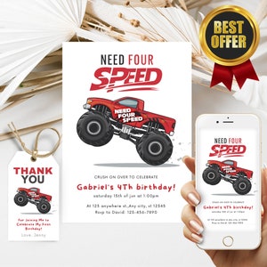 Verjaardagsuitnodiging met 4 snelheden nodig, bewerkbare Monster Truck 4e verjaardagsuitnodiging, telefoon Monster Truck verjaardag digitale download
