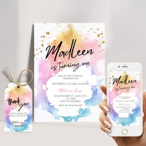 Rainbow Birthday Invitation Colorful Watercolor Gold Glitter Sprinkles Ombre Pastel Invitation 1st 2nd 3rd Birthday Editable Invite
