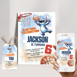Modèle modifiable d'invitation d'anniversaire de basket-ball de point | Invitation à une fête Slam Dunk pour enfants | Téléchargement numérique pour un garçon de 6 ans