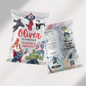 Modello di involucro per sacchetto di patatine per compleanno di supereroi - Modello Canva per bomboniere per feste di supereroi - Download digitale EPD04