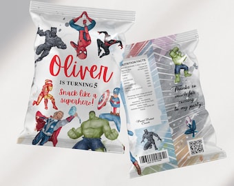 Plantilla de envoltorio para bolsa de papas fritas de cumpleaños de superhéroe: Canva Party Favor (Descarga digital)