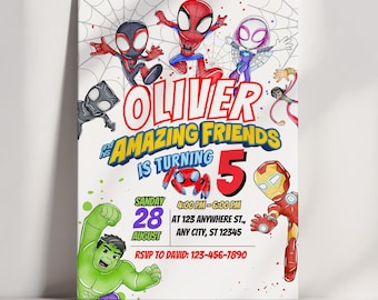 Zaproszenie urodzinowe Spidermana, zaproszenie urodzinowe Spidey'ego i jego niesamowitych przyjaciół, możliwość dostosowania w Canva Szablon do natychmiastowego pobrania