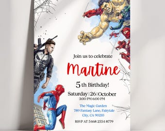 Superhero Birthday Invitation, Comic Book Heroes 5th Birthday Party Invite, Web Hero Action Birthday Editable Template