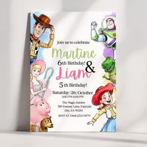 May include: A colorful birthday invitation featuring cartoon characters from Toy Story. The invitation includes the names Martine and Liam, their ages, and event details. The design incorporates watercolor-style splashes and character illustrations.