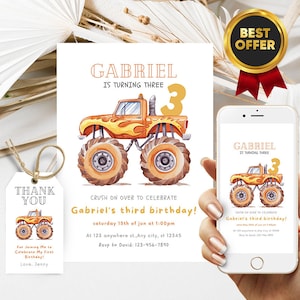 Bewerkbare 3e verjaardagsuitnodiging oranje monstertruck verjaardagsuitnodiging, uitnodiging 3 jaar oude monstertruck, digitale download