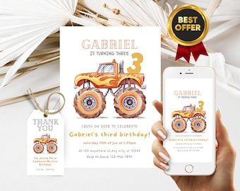 Editable 3rd birthday invitation Orange Monster truck birthday invitation, 3 years old monster truck invite, Digital Download