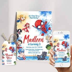 The Avengers Pool Party-Einladung | Spider-Man & Groot Sommer Splash Einladen für Kinder | Bearbeitbarer digitaler Download + Danke-Tag