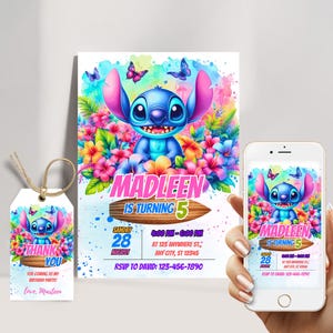 Editable Stitch Birthday Invitation Template + Tag + Mobile invitation version, Digital Kids Party Invite Template, Stitch Girls Invite
