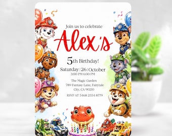 Paw-Ty with dinosaurs Birthday Invitation Canva Template, Adventure Dog Birthday Invite, Editable Kids Party Invitation, 5x7 Digital Invite
